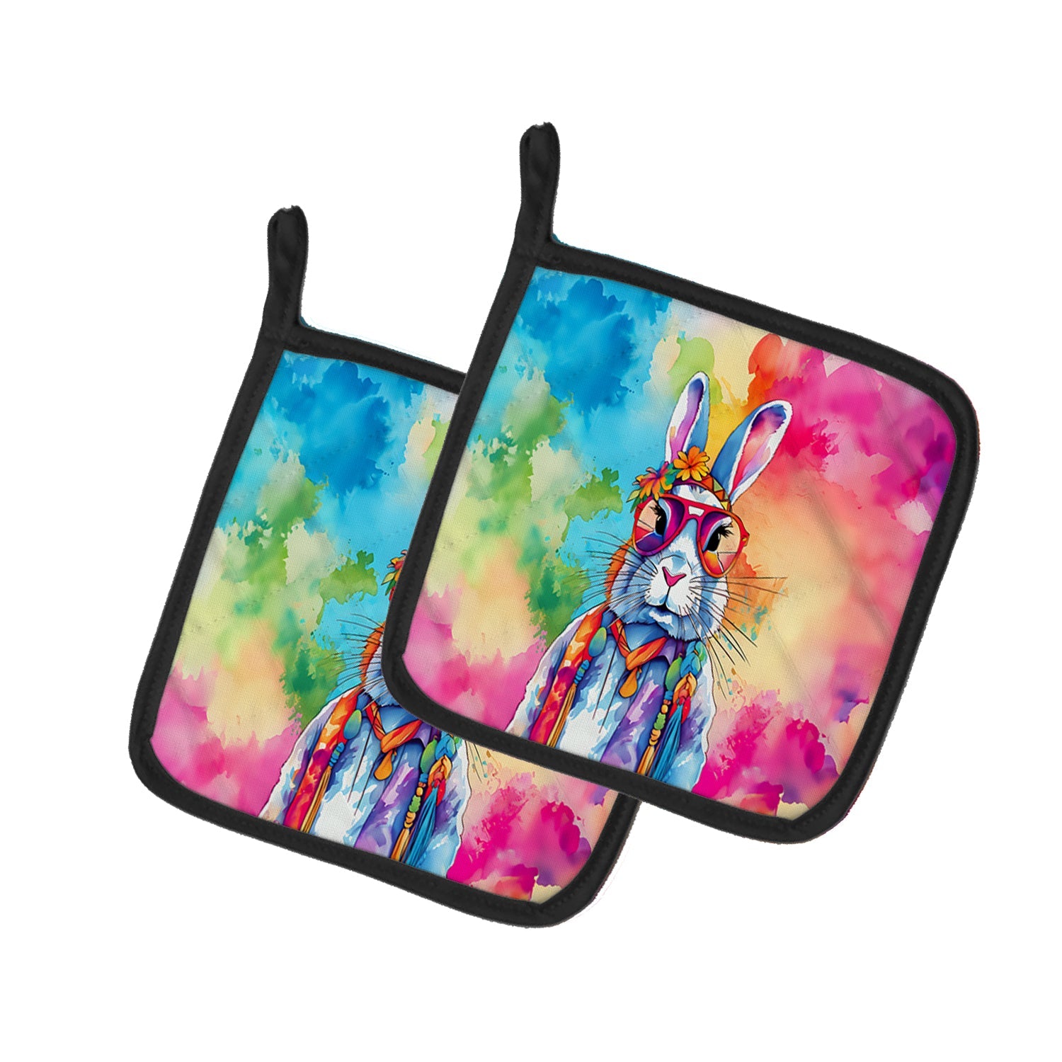 Hippie Animal Rabbit Pot Holder Set of 2 Heat Resistant Quilted Hot Pads 7.5 x 7.5 Inch, Insulated Kitchen Trivets for Cooking & Baking