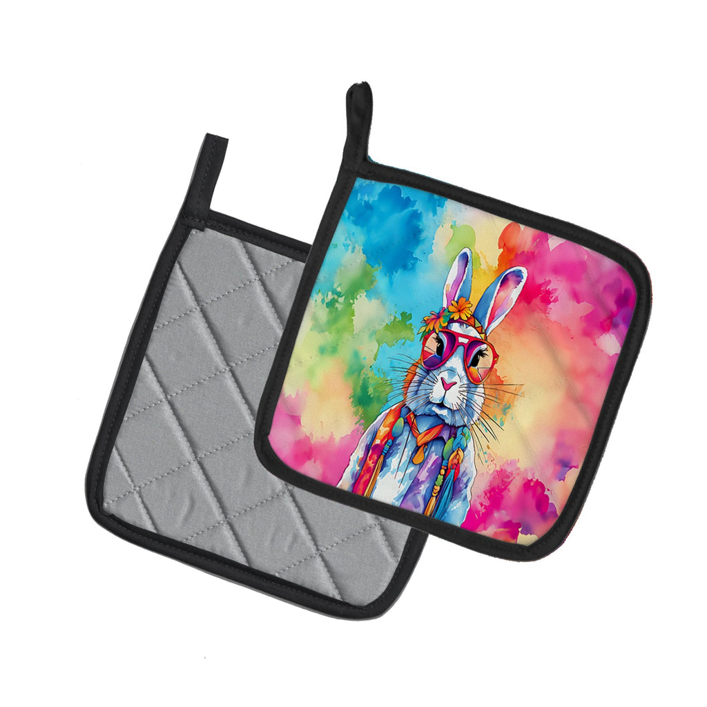Hippie Animal Rabbit Pot Holder Set of 2 Heat Resistant Quilted Hot Pads 7.5 x 7.5 Inch, Insulated Kitchen Trivets for Cooking & Baking