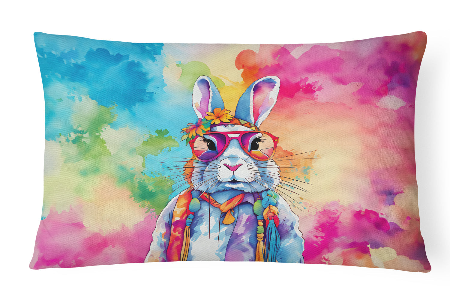 Hippie Animal Rabbit Decorative Throw Pillow 12x16 Indoor Outdoor Accent Cushion, Fabric Cover with Insert for Sofa, Bed, Porch & Living Room