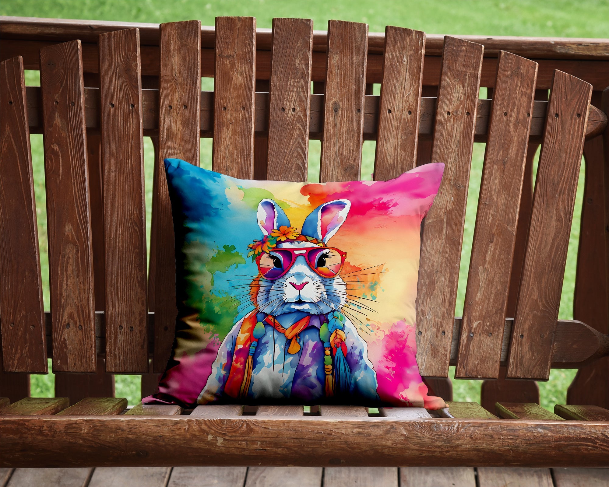 Hippie Animal Rabbit Decorative Throw Pillow 14x14 Indoor Outdoor Accent Cushion, Fabric Cover with Insert for Sofa, Bed, Porch & Living Room