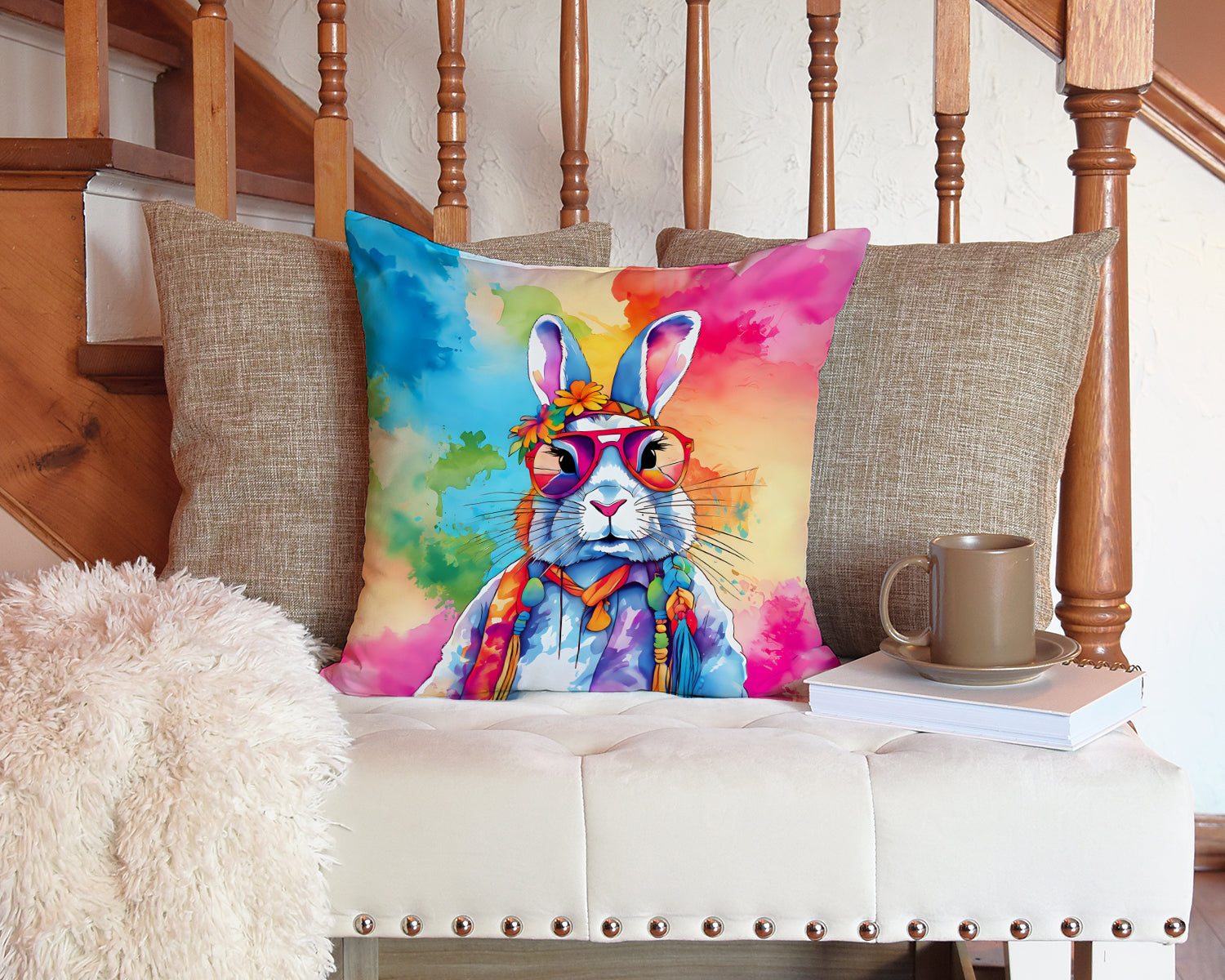 Hippie Animal Rabbit Decorative Throw Pillow 14x14 Indoor Outdoor Accent Cushion, Fabric Cover with Insert for Sofa, Bed, Porch & Living Room