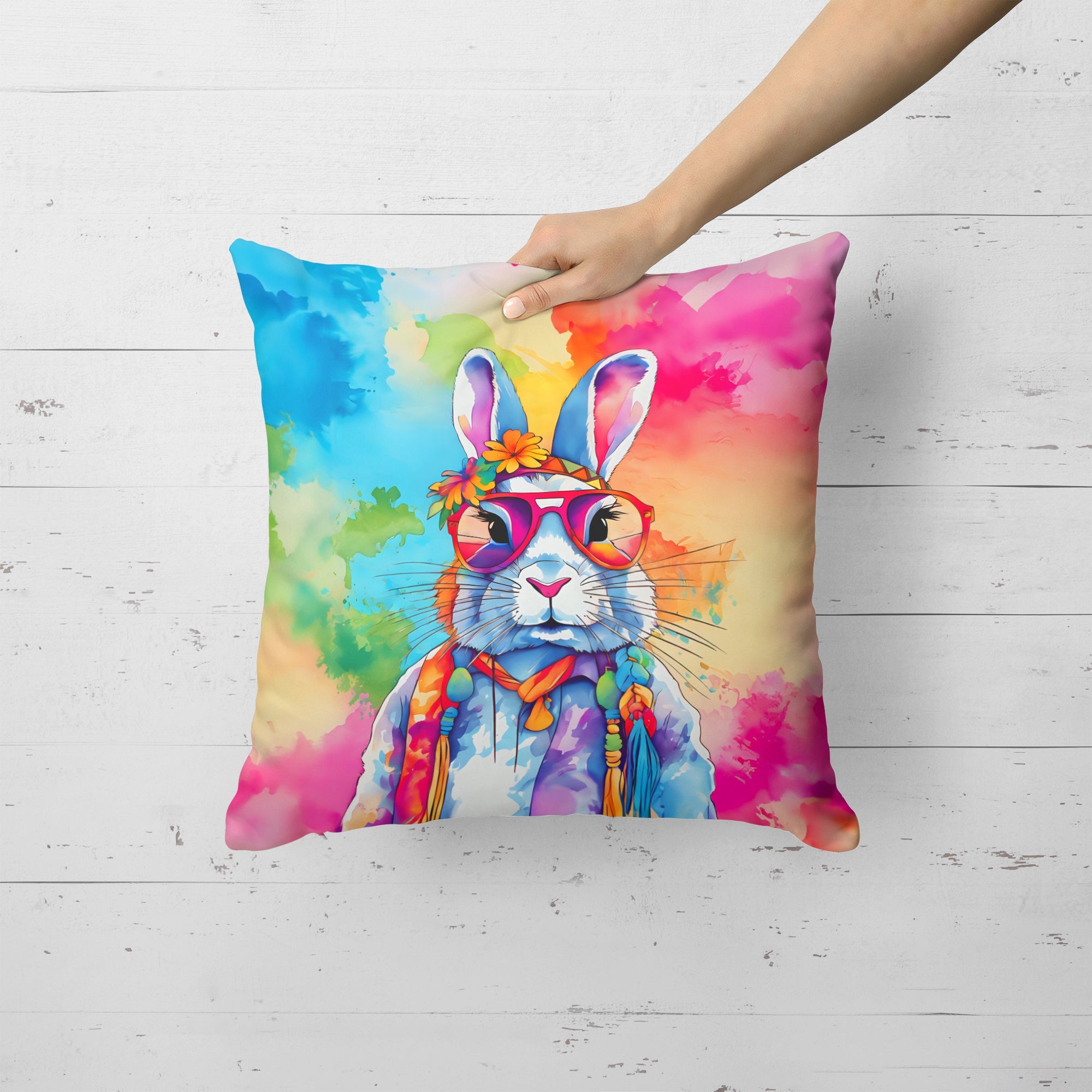 Hippie Animal Rabbit Decorative Throw Pillow 18x18 Indoor Outdoor Accent Cushion, Fabric Cover with Insert for Sofa, Bed, Porch & Living Room