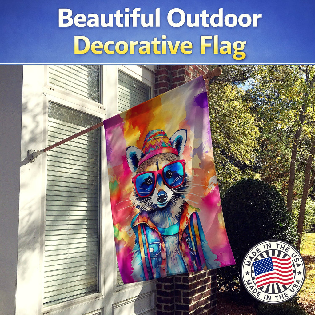 Hippie Animal Raccoon House Flag 28x40 Porch Sleeve Pole Decorative Outside Yard Banner Artwork Wall Hanging, Polyester