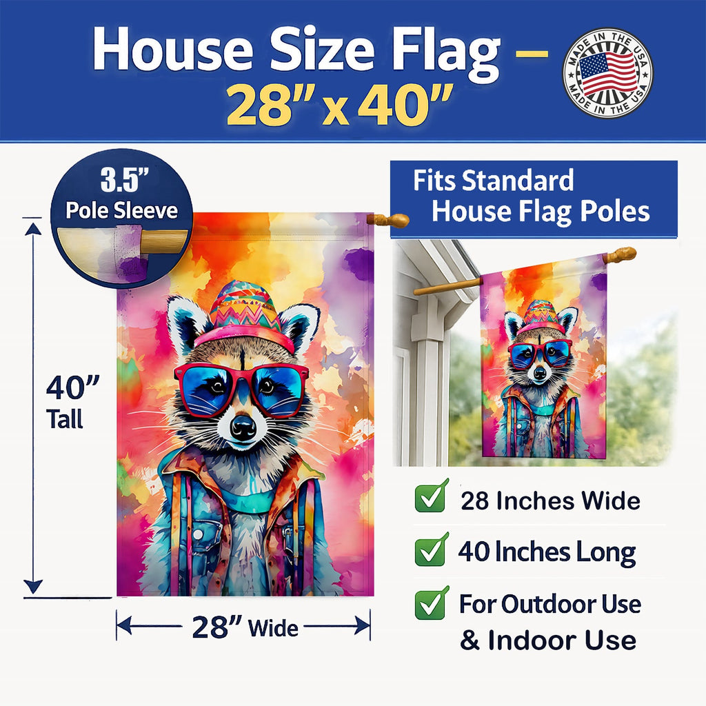 Hippie Animal Raccoon House Flag 28x40 Porch Sleeve Pole Decorative Outside Yard Banner Artwork Wall Hanging, Polyester
