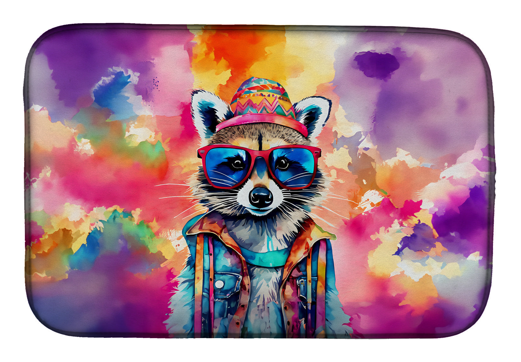 Hippie Animal Raccoon Dish Drying Mat Absorbent Dish Drying Mat Pad for Kitchen Counter Dish Drainer Mat for Countertop, 14 x 21", Multicolor