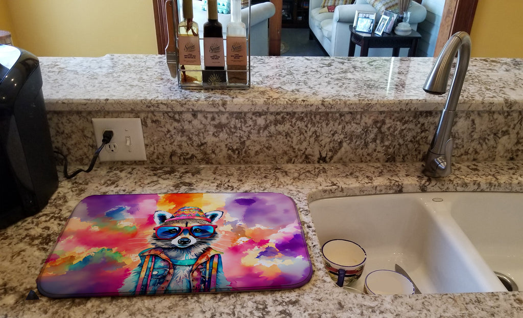 Hippie Animal Raccoon Dish Drying Mat Absorbent Dish Drying Mat Pad for Kitchen Counter Dish Drainer Mat for Countertop, 14 x 21", Multicolor