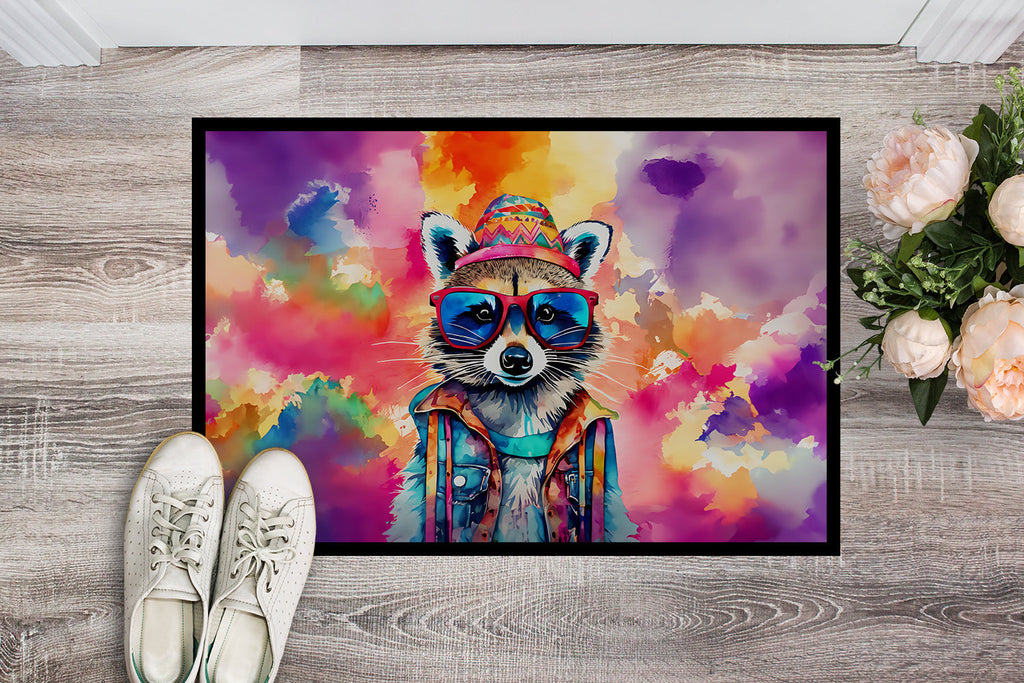 Hippie Animal Raccoon Doormat Indoor Outdoor 24H X 36W Front Door Mat Rugs for Entryway, Non Slip Washable Low Pile,