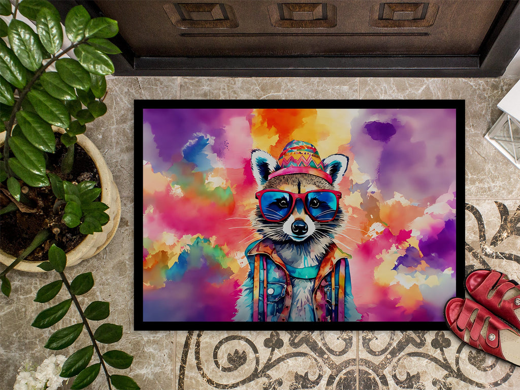 Hippie Animal Raccoon Doormat Indoor Outdoor 24H X 36W Front Door Mat Rugs for Entryway, Non Slip Washable Low Pile,