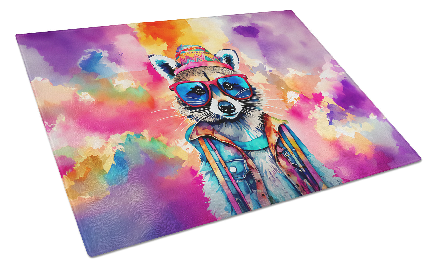Hippie Animal Raccoon Cutting Board Tempered Glass Kitchen Cutting Surface, Heat Resistant Chopping, Non-Slip Feet, Food Prep & Serving