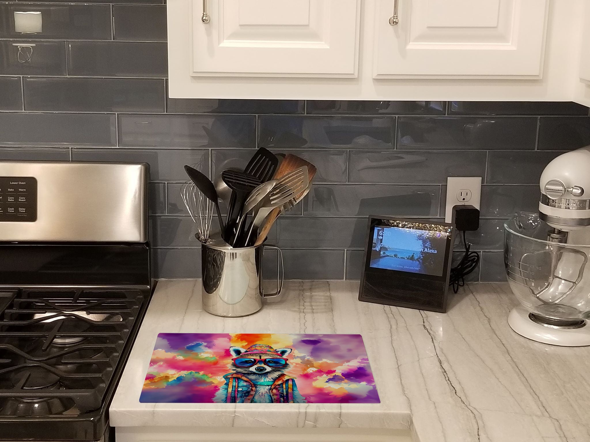 Hippie Animal Raccoon Cutting Board Tempered Glass Kitchen Cutting Surface, Heat Resistant Chopping, Non-Slip Feet, Food Prep & Serving