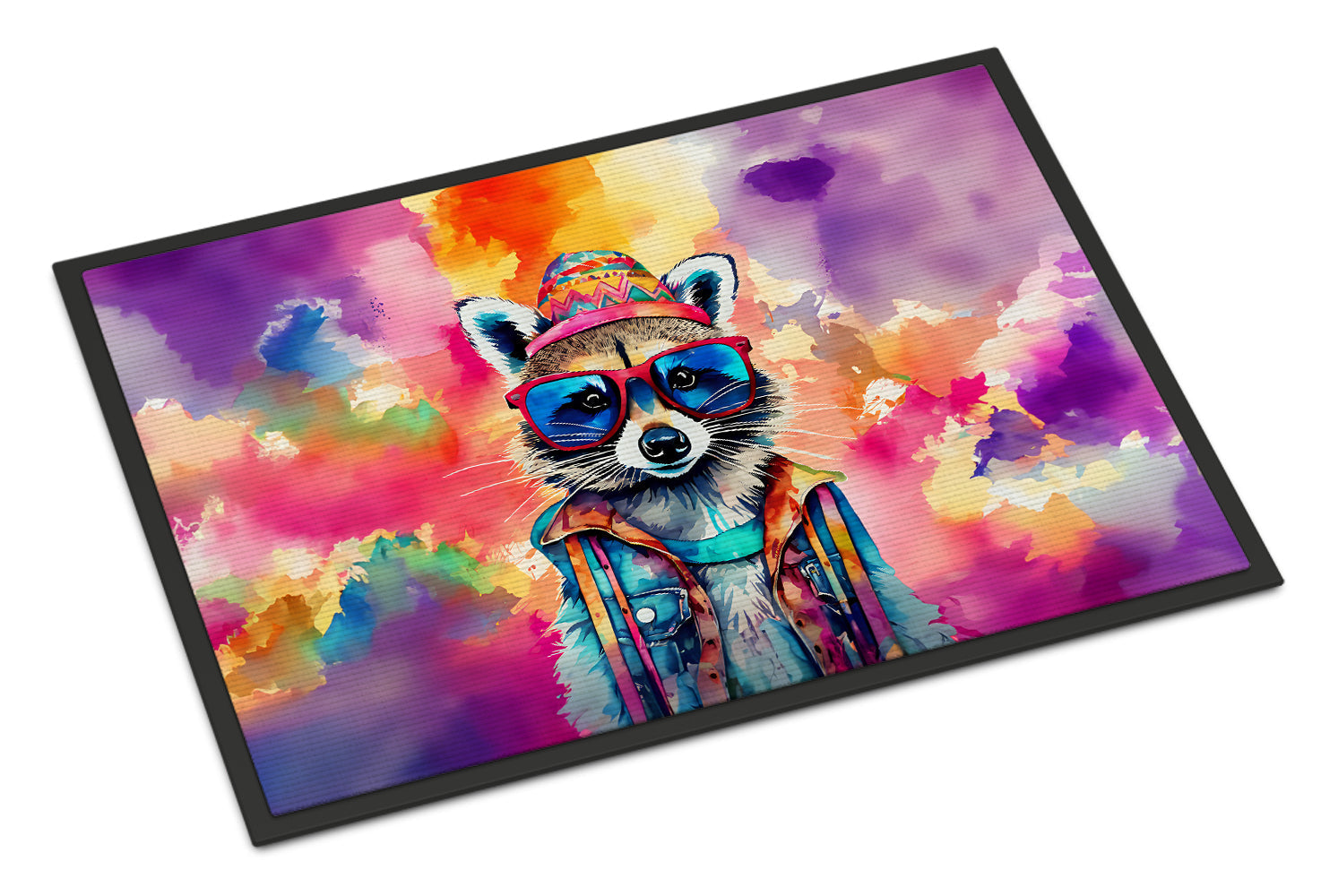 Hippie Animal Raccoon Doormat Indoor Outdoor 18H X 27W Front Door Mat Rugs for Entryway, Non Slip Washable