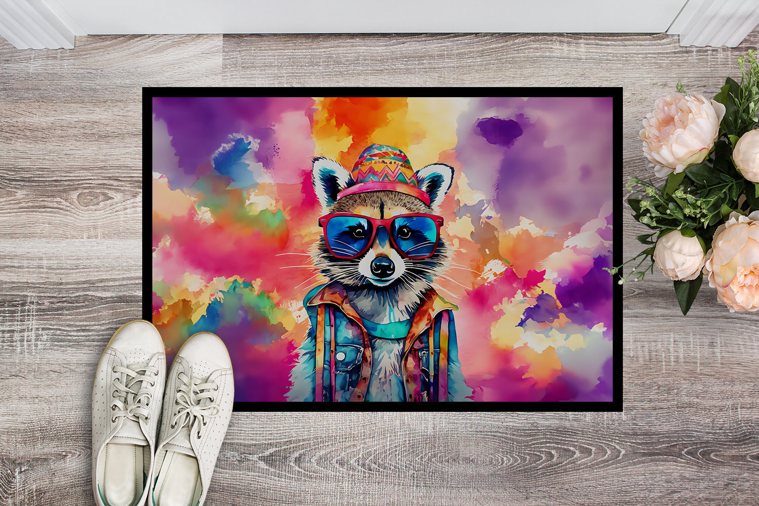 Hippie Animal Raccoon Doormat Indoor Outdoor 18H X 27W Front Door Mat Rugs for Entryway, Non Slip Washable