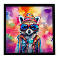 Hippie Animal Raccoon Framed Metal Print Bathroom, Kitchen, Office, Home Decor Wall Art Ready to Hang, Square, 8X8