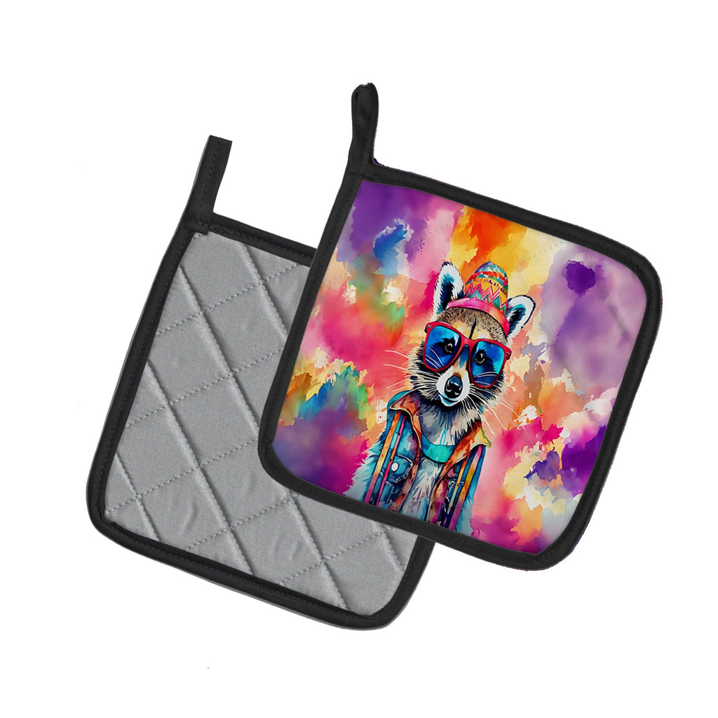 Hippie Animal Raccoon Pot Holder Set of 2 Heat Resistant Quilted Hot Pads 7.5 x 7.5 Inch, Insulated Kitchen Trivets for Cooking & Baking