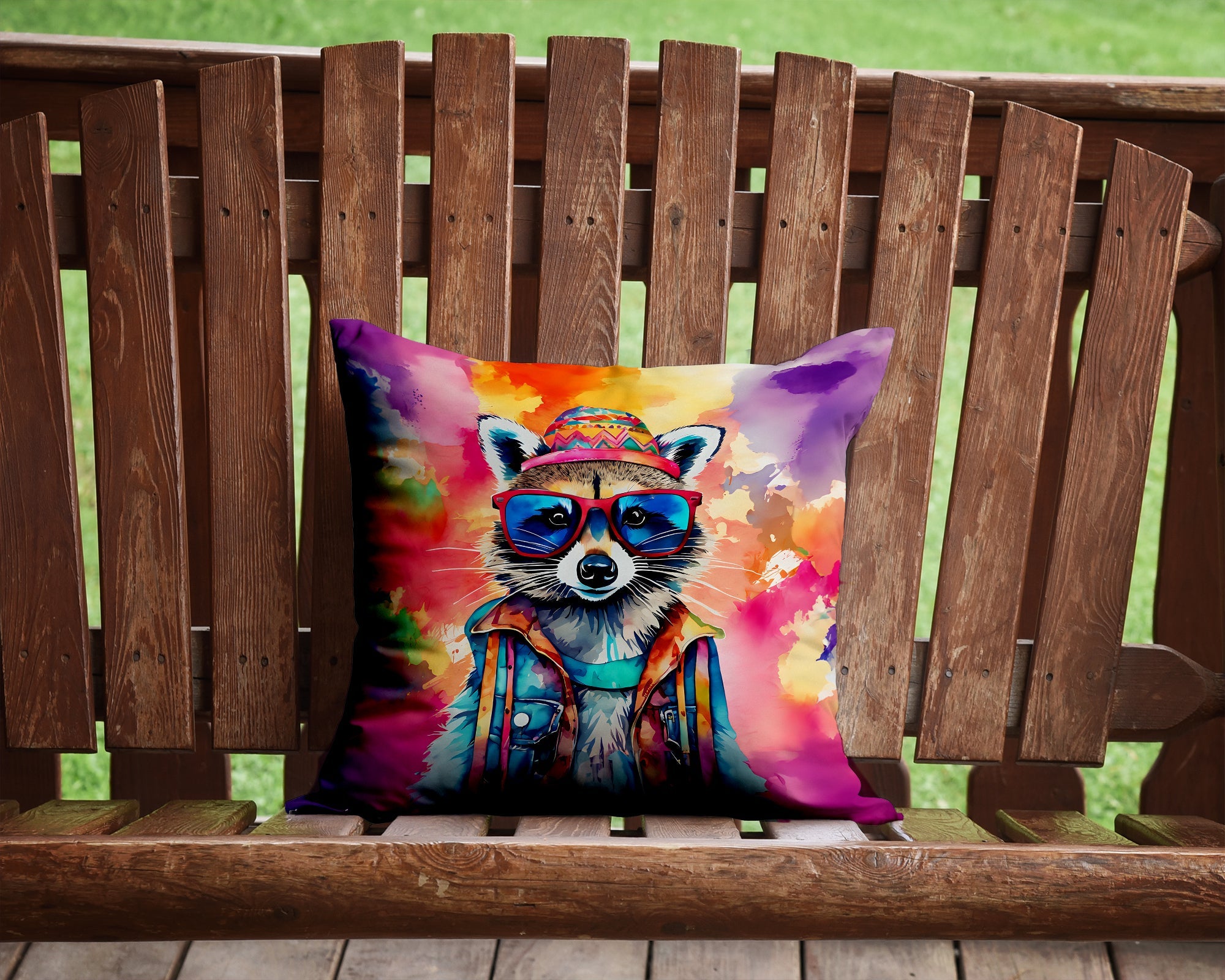 Hippie Animal Raccoon Decorative Throw Pillow 14x14 Indoor Outdoor Accent Cushion, Fabric Cover with Insert for Sofa, Bed, Porch & Living Room