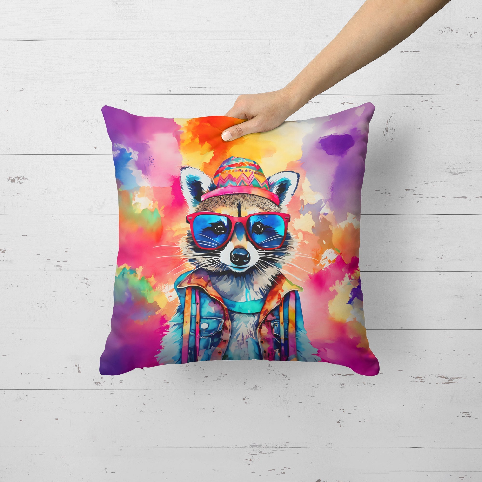 Hippie Animal Raccoon Decorative Throw Pillow 18x18 Indoor Outdoor Accent Cushion, Fabric Cover with Insert for Sofa, Bed, Porch & Living Room