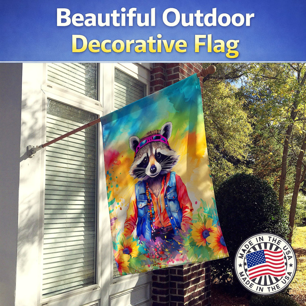 Hippie Animal Raccoon House Flag 28x40 Porch Sleeve Pole Decorative Outside Yard Banner Artwork Wall Hanging, Polyester