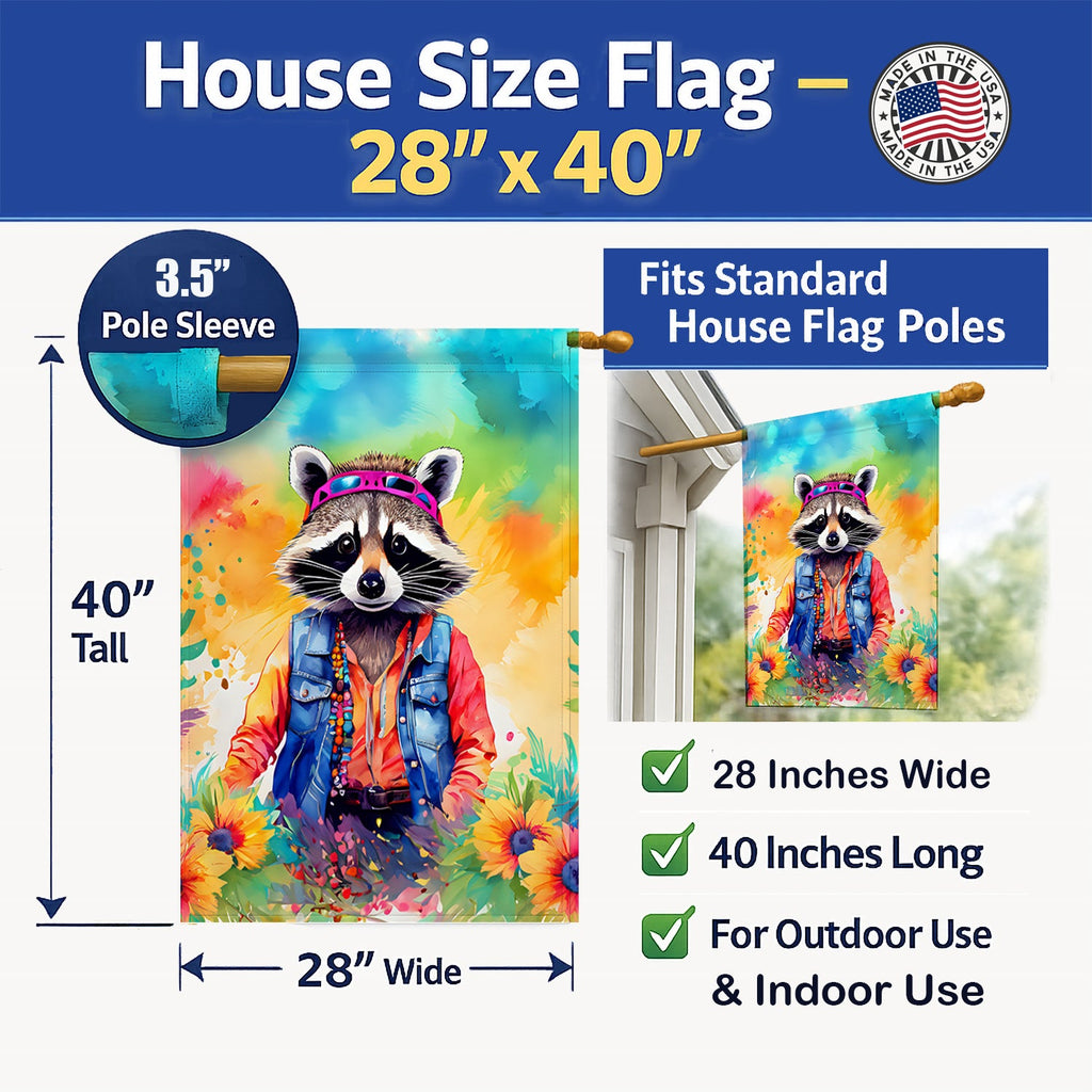 Hippie Animal Raccoon House Flag 28x40 Porch Sleeve Pole Decorative Outside Yard Banner Artwork Wall Hanging, Polyester