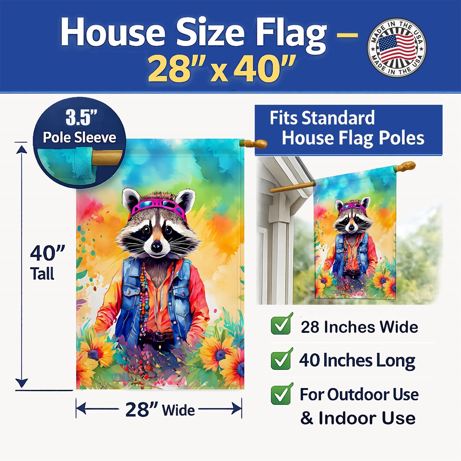 Hippie Animal Raccoon House Flag 28x40 Porch Sleeve Pole Decorative Outside Yard Banner Artwork Wall Hanging, Polyester