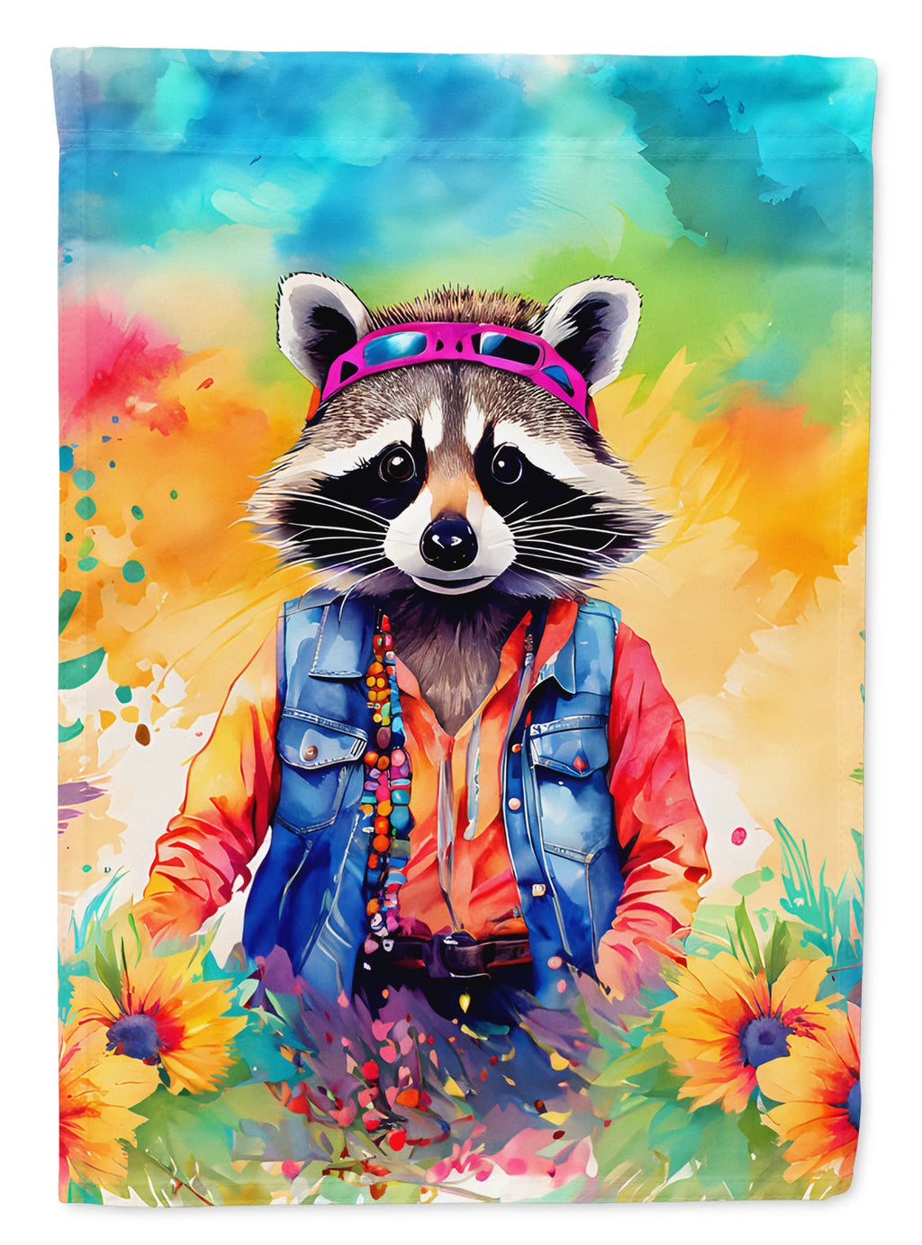 Hippie Animal Raccoon House Flag 28x40 Porch Sleeve Pole Decorative Outside Yard Banner Artwork Wall Hanging, Polyester