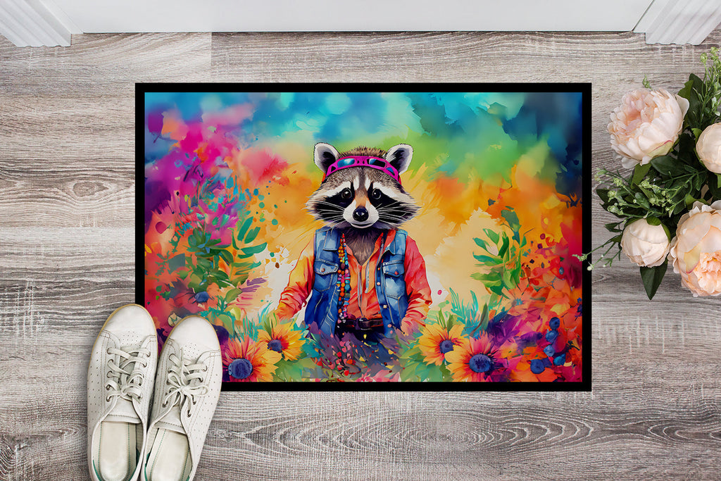 Hippie Animal Raccoon Doormat Indoor Outdoor 24H X 36W Front Door Mat Rugs for Entryway, Non Slip Washable Low Pile,