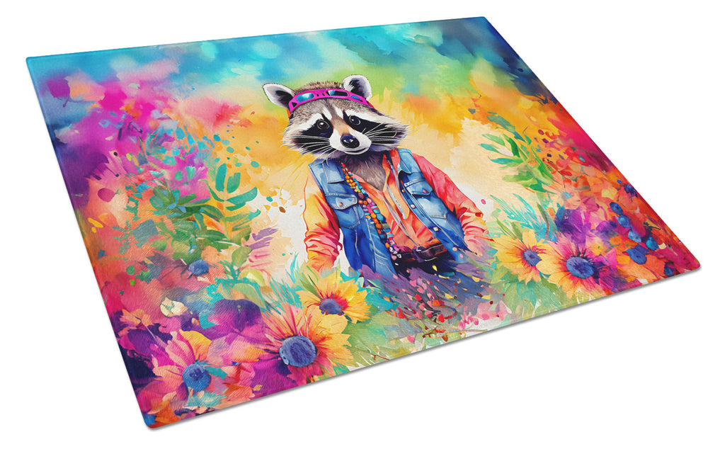 Hippie Animal Raccoon Cutting Board Tempered Glass Kitchen Cutting Surface, Heat Resistant Chopping, Non-Slip Feet, Food Prep & Serving