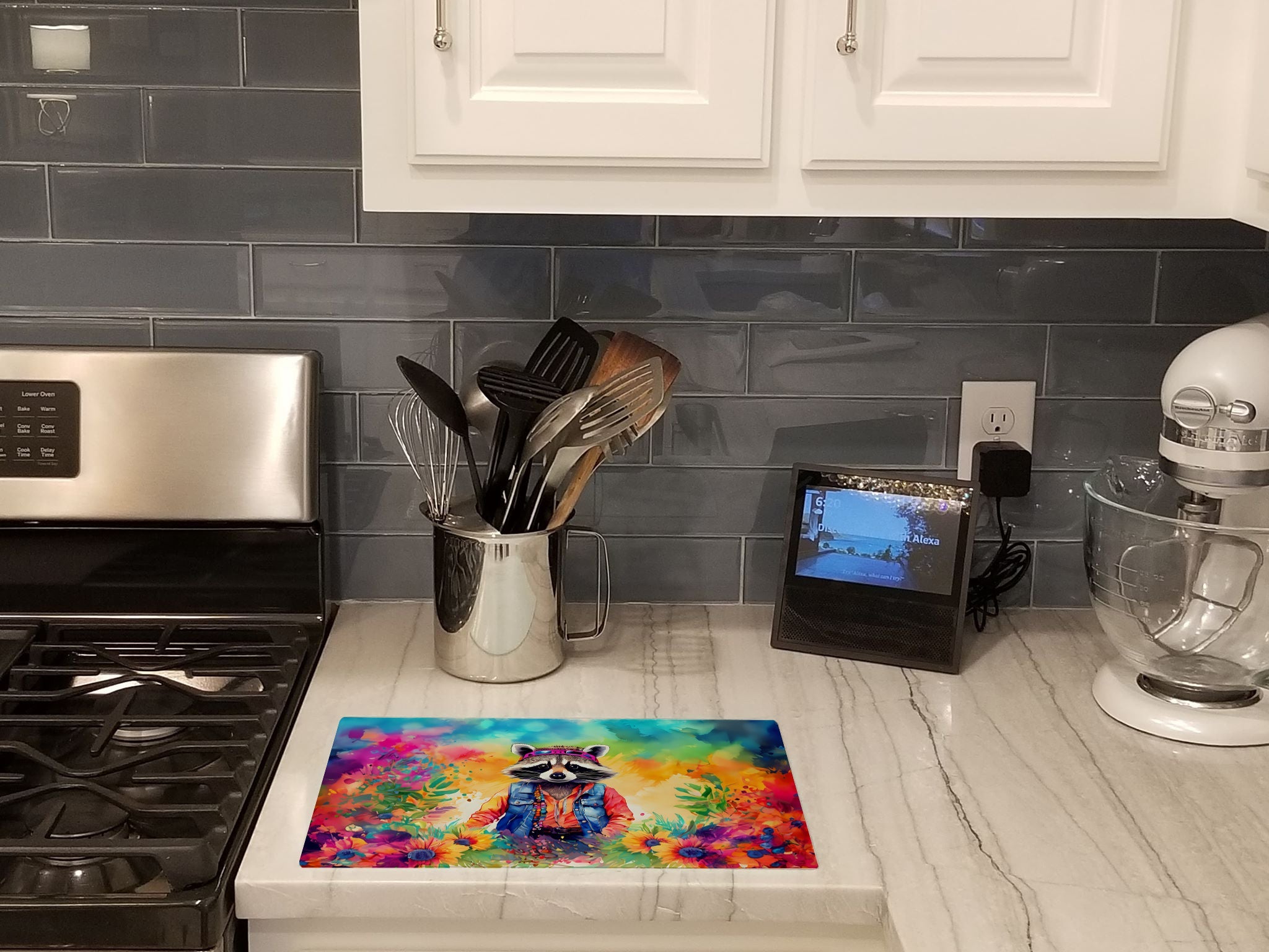 Hippie Animal Raccoon Cutting Board Tempered Glass Kitchen Cutting Surface, Heat Resistant Chopping, Non-Slip Feet, Food Prep & Serving