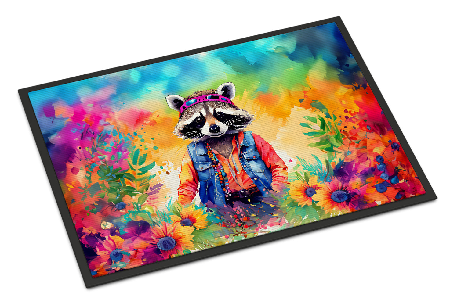 Hippie Animal Raccoon Doormat Indoor Outdoor 18H X 27W Front Door Mat Rugs for Entryway, Non Slip Washable