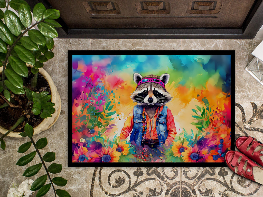 Hippie Animal Raccoon Doormat Indoor Outdoor 18H X 27W Front Door Mat Rugs for Entryway, Non Slip Washable