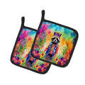 Hippie Animal Raccoon Pot Holder Set of 2 Heat Resistant Quilted Hot Pads 7.5 x 7.5 Inch, Insulated Kitchen Trivets for Cooking & Baking