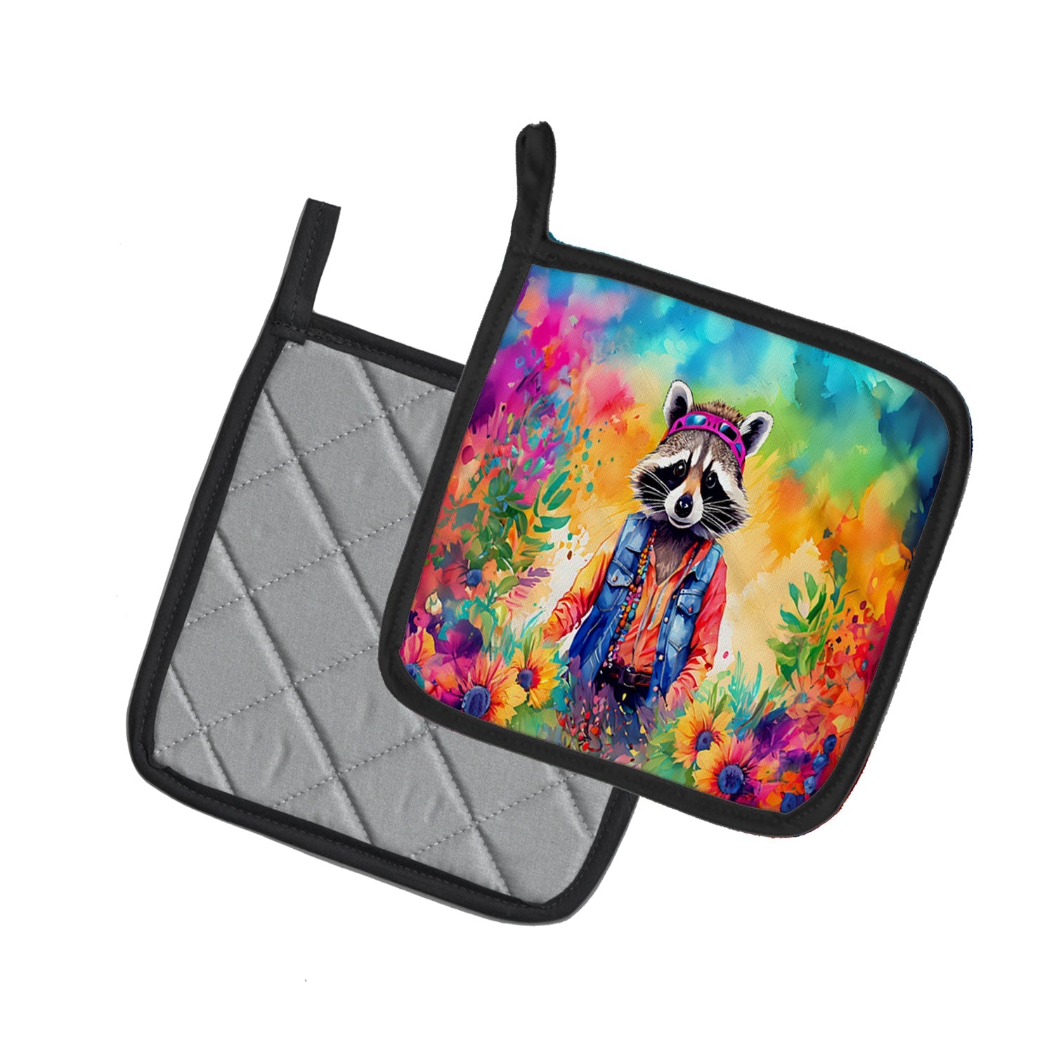 Hippie Animal Raccoon Pot Holder Set of 2 Heat Resistant Quilted Hot Pads 7.5 x 7.5 Inch, Insulated Kitchen Trivets for Cooking & Baking