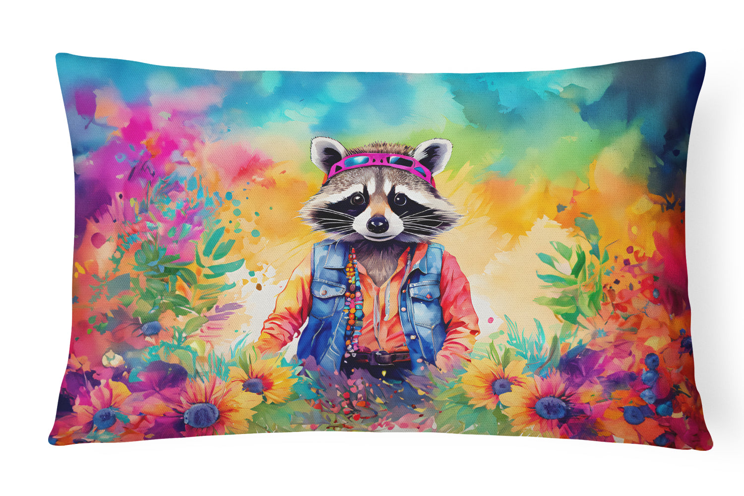 Hippie Animal Raccoon Decorative Throw Pillow 12x16 Indoor Outdoor Accent Cushion, Fabric Cover with Insert for Sofa, Bed, Porch & Living Room