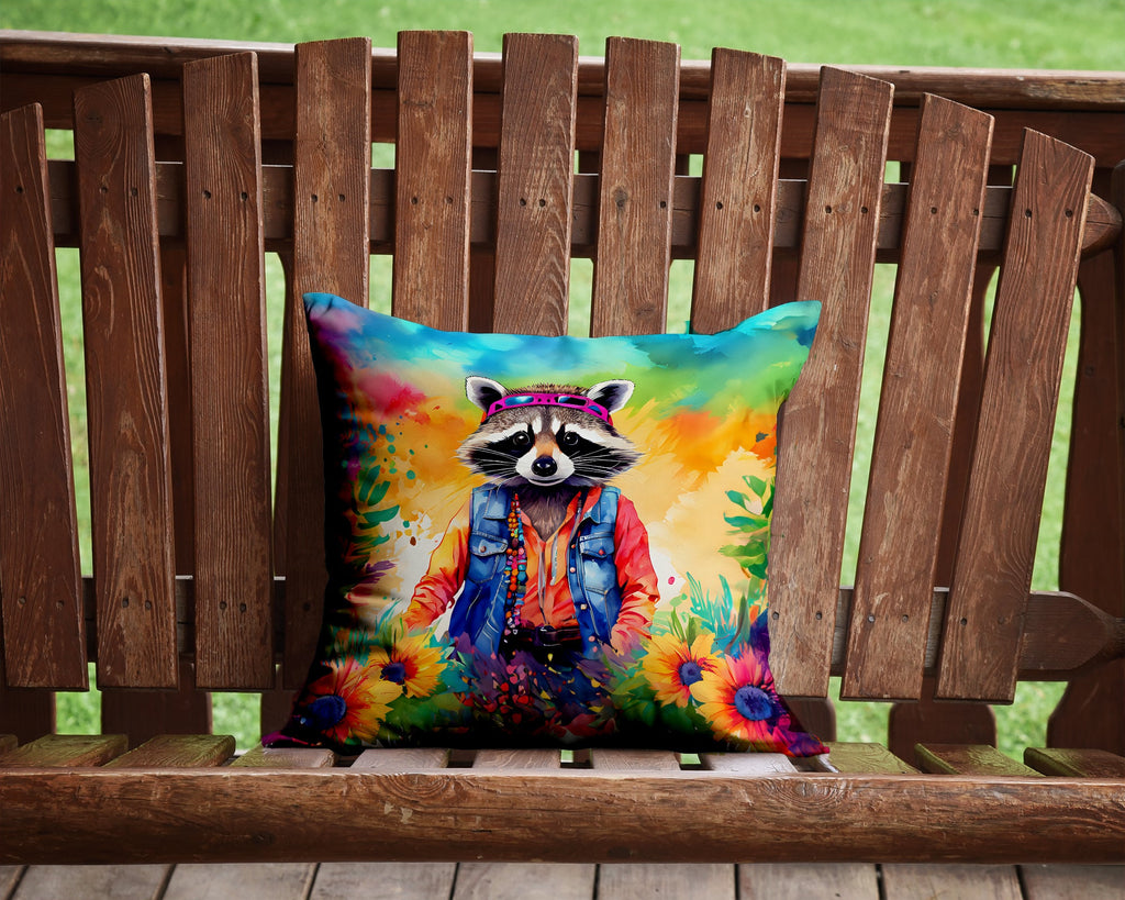 Hippie Animal Raccoon Decorative Throw Pillow 14x14 Indoor Outdoor Accent Cushion, Fabric Cover with Insert for Sofa, Bed, Porch & Living Room