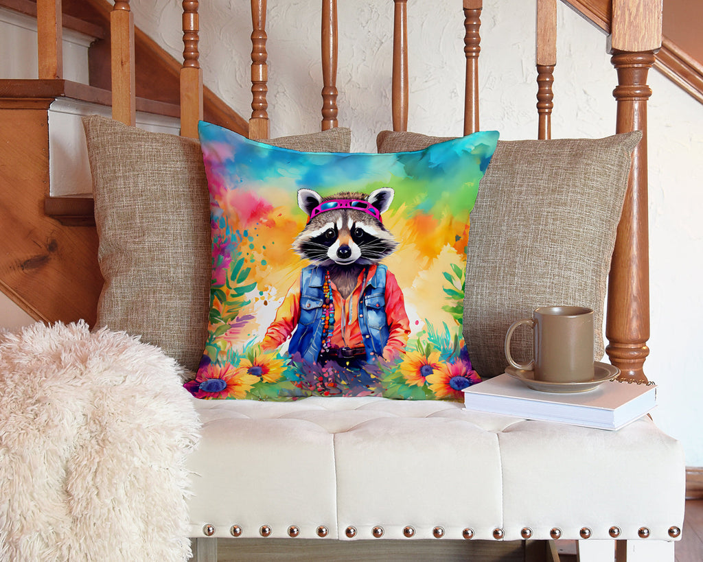 Hippie Animal Raccoon Decorative Throw Pillow 14x14 Indoor Outdoor Accent Cushion, Fabric Cover with Insert for Sofa, Bed, Porch & Living Room