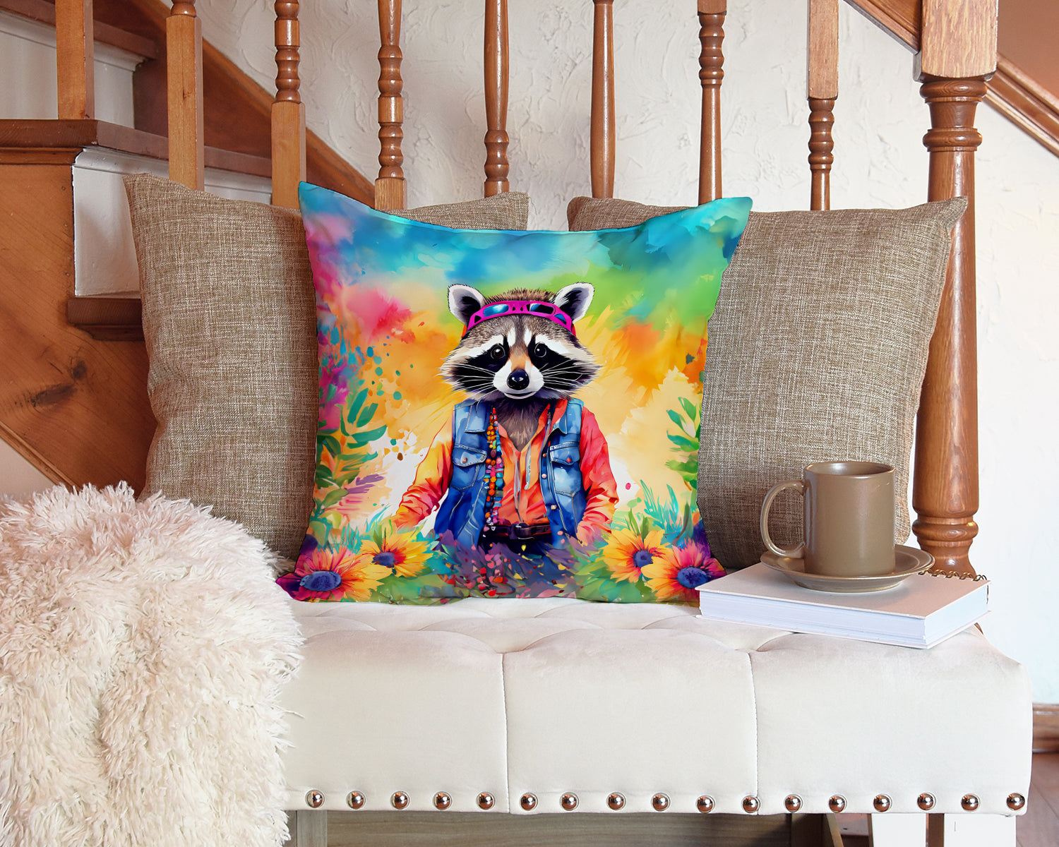 Hippie Animal Raccoon Decorative Throw Pillow 14x14 Indoor Outdoor Accent Cushion, Fabric Cover with Insert for Sofa, Bed, Porch & Living Room