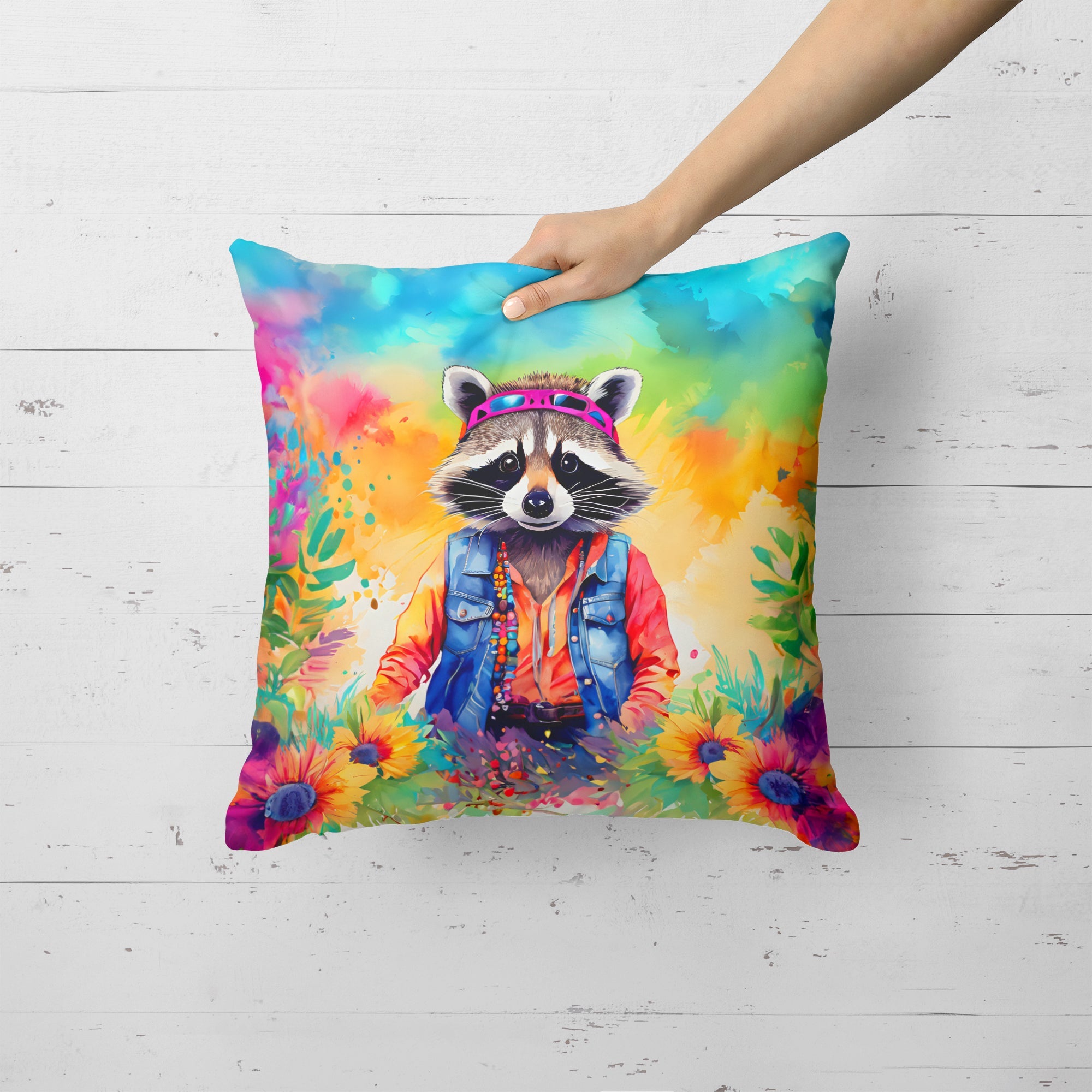 Hippie Animal Raccoon Decorative Throw Pillow 18x18 Indoor Outdoor Accent Cushion, Fabric Cover with Insert for Sofa, Bed, Porch & Living Room