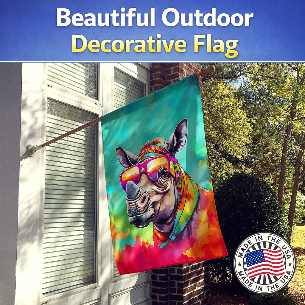 Hippie Animal Rhinoceros House Flag 28x40 Porch Sleeve Pole Decorative Outside Yard Banner Artwork Wall Hanging, Polyester