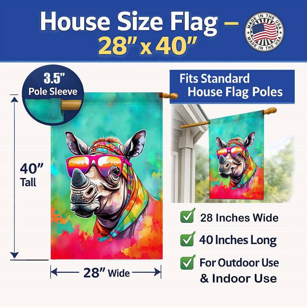 Hippie Animal Rhinoceros House Flag 28x40 Porch Sleeve Pole Decorative Outside Yard Banner Artwork Wall Hanging, Polyester