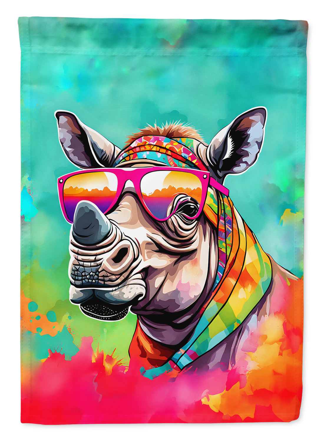 Hippie Animal Rhinoceros House Flag 28x40 Porch Sleeve Pole Decorative Outside Yard Banner Artwork Wall Hanging, Polyester