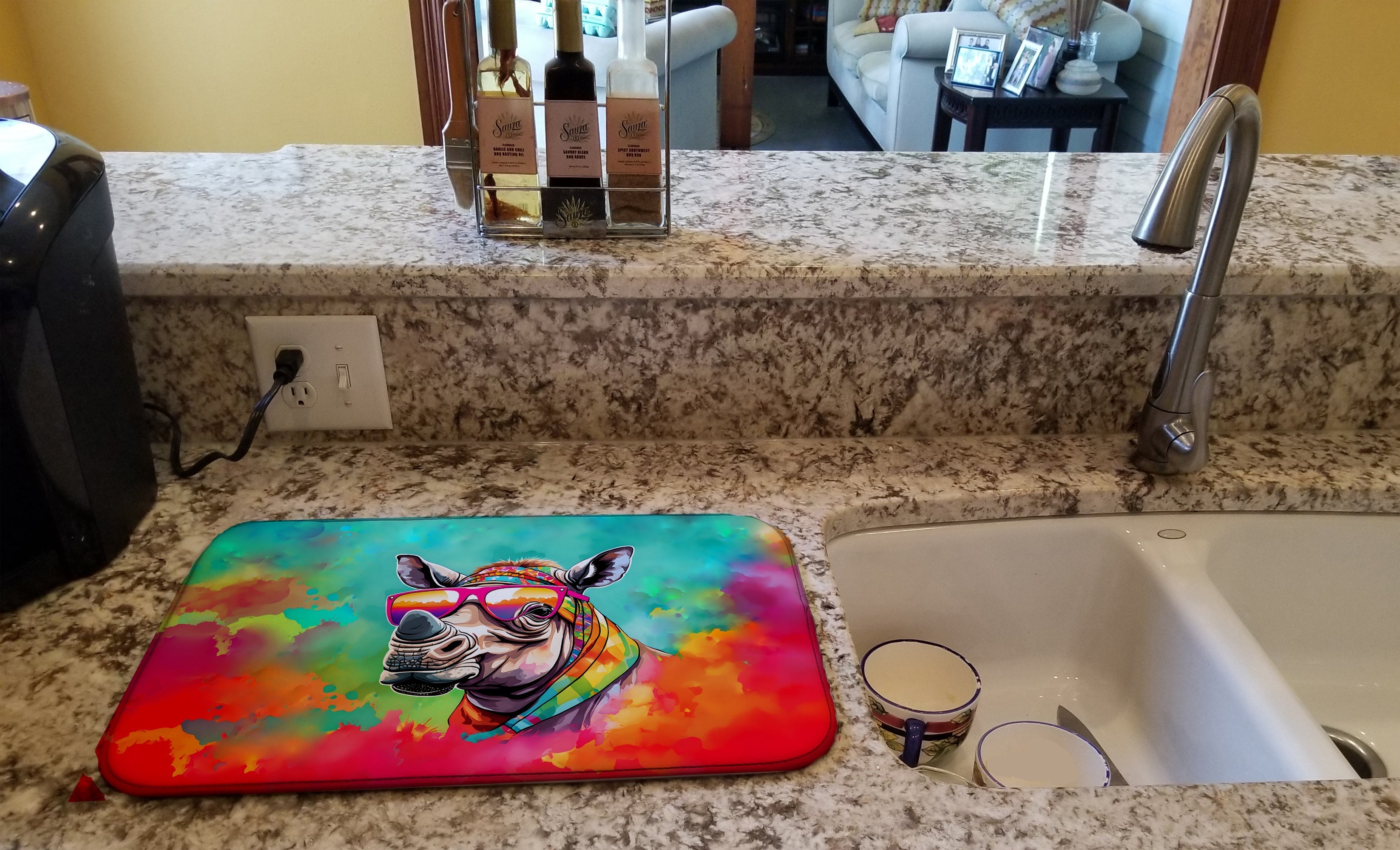 Hippie Animal Rhinoceros Dish Drying Mat Absorbent Dish Drying Mat Pad for Kitchen Counter Dish Drainer Mat for Countertop, 14 x 21", Multicolor