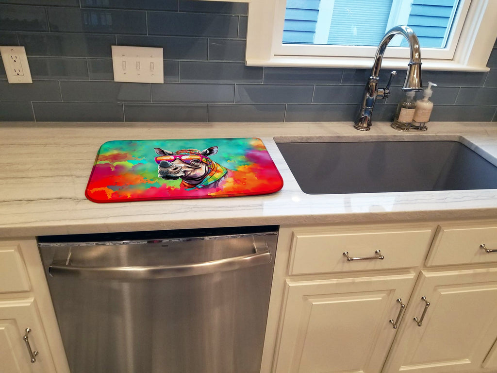 Hippie Animal Rhinoceros Dish Drying Mat Absorbent Dish Drying Mat Pad for Kitchen Counter Dish Drainer Mat for Countertop, 14 x 21", Multicolor