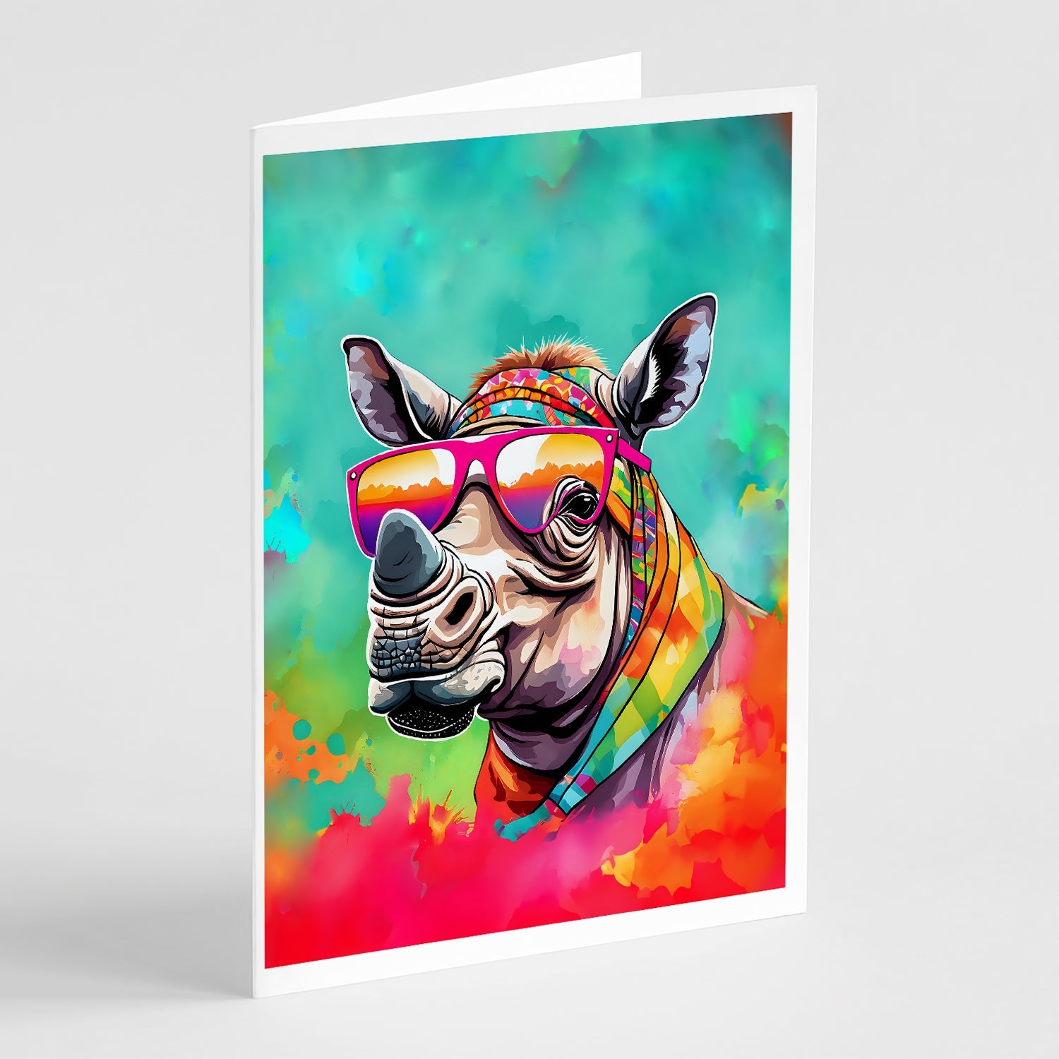 Hippie Animal Rhinoceros Greeting Cards Pack of 8 Blank Cards with Envelopes Whimsical A7 Size 5x7