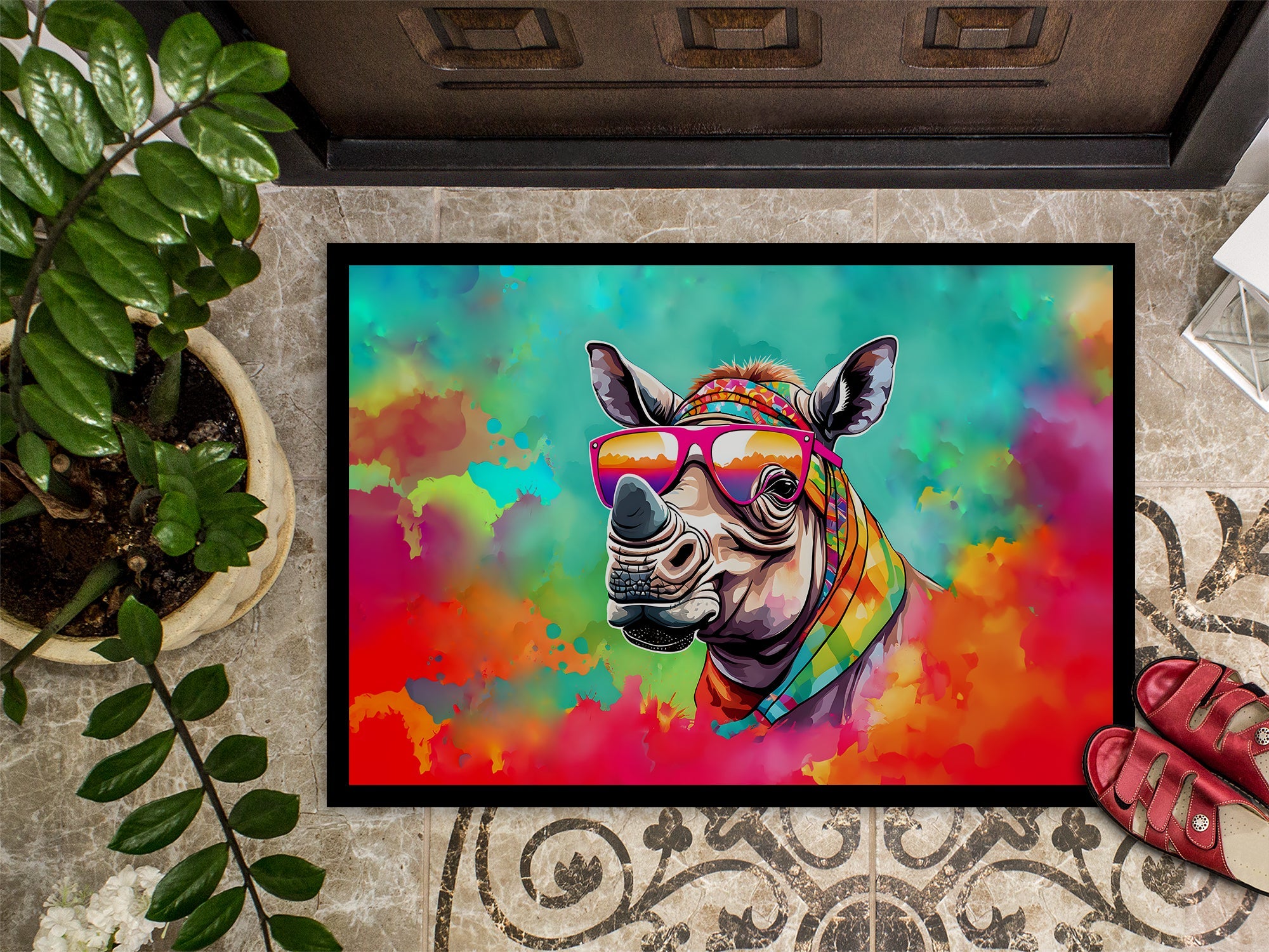 Hippie Animal Rhinoceros Doormat Indoor Outdoor 24H X 36W Front Door Mat Rugs for Entryway, Non Slip Washable Low Pile,