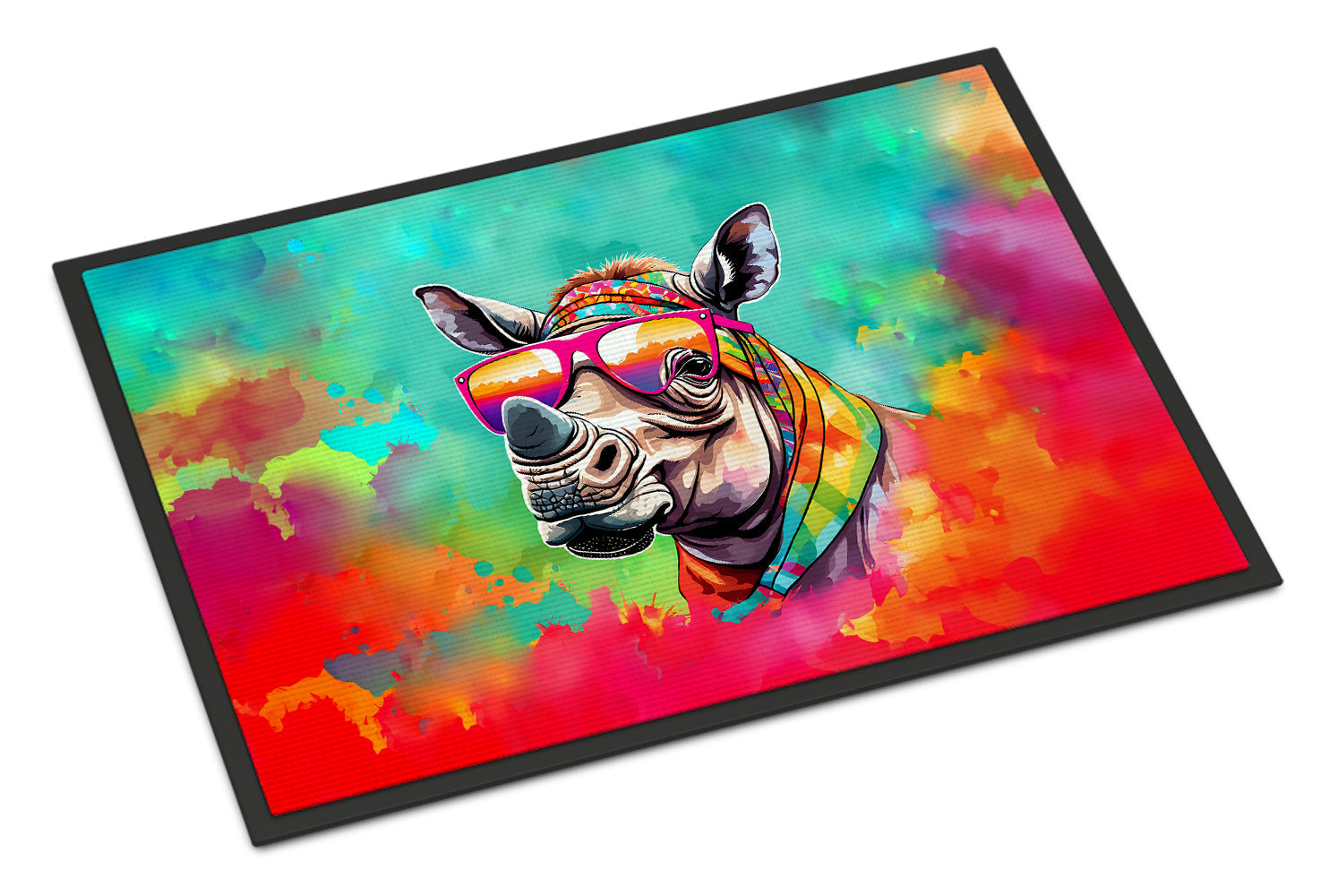 Hippie Animal Rhinoceros Doormat Indoor Outdoor 18H X 27W Front Door Mat Rugs for Entryway, Non Slip Washable
