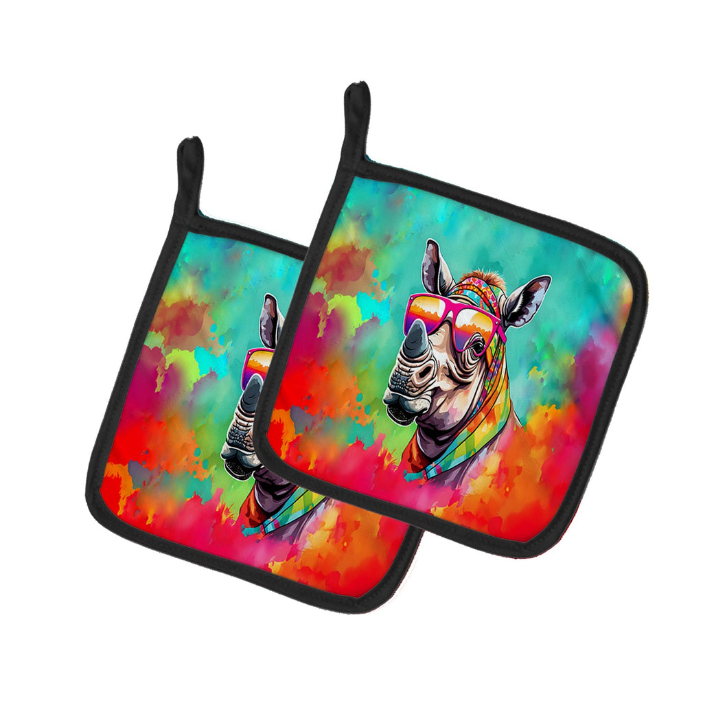 Hippie Animal Rhinoceros Pot Holder Set of 2 Heat Resistant Quilted Hot Pads 7.5 x 7.5 Inch, Insulated Kitchen Trivets for Cooking & Baking