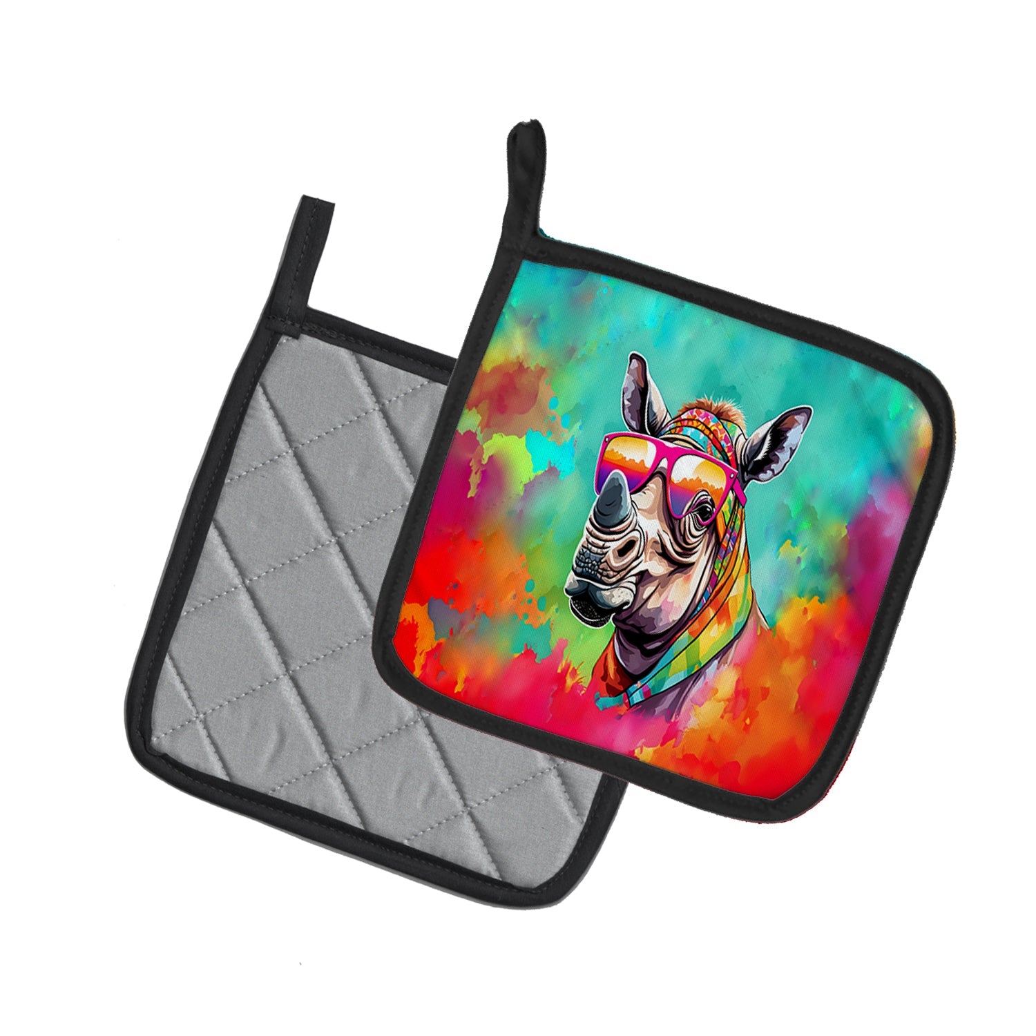Hippie Animal Rhinoceros Pot Holder Set of 2 Heat Resistant Quilted Hot Pads 7.5 x 7.5 Inch, Insulated Kitchen Trivets for Cooking & Baking