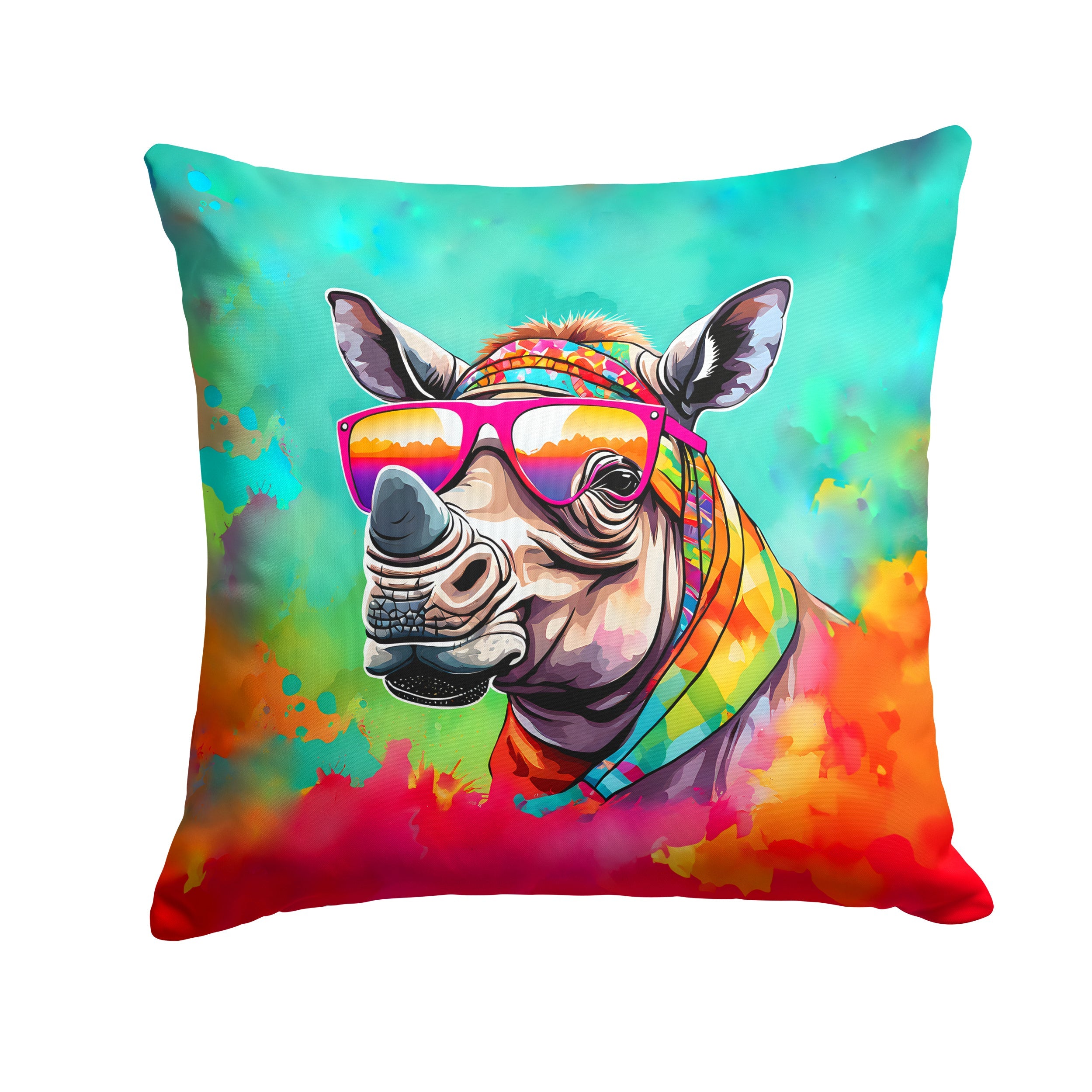 Hippie Animal Rhinoceros Decorative Throw Pillow 14x14 Indoor Outdoor Accent Cushion, Fabric Cover with Insert for Sofa, Bed, Porch & Living Room