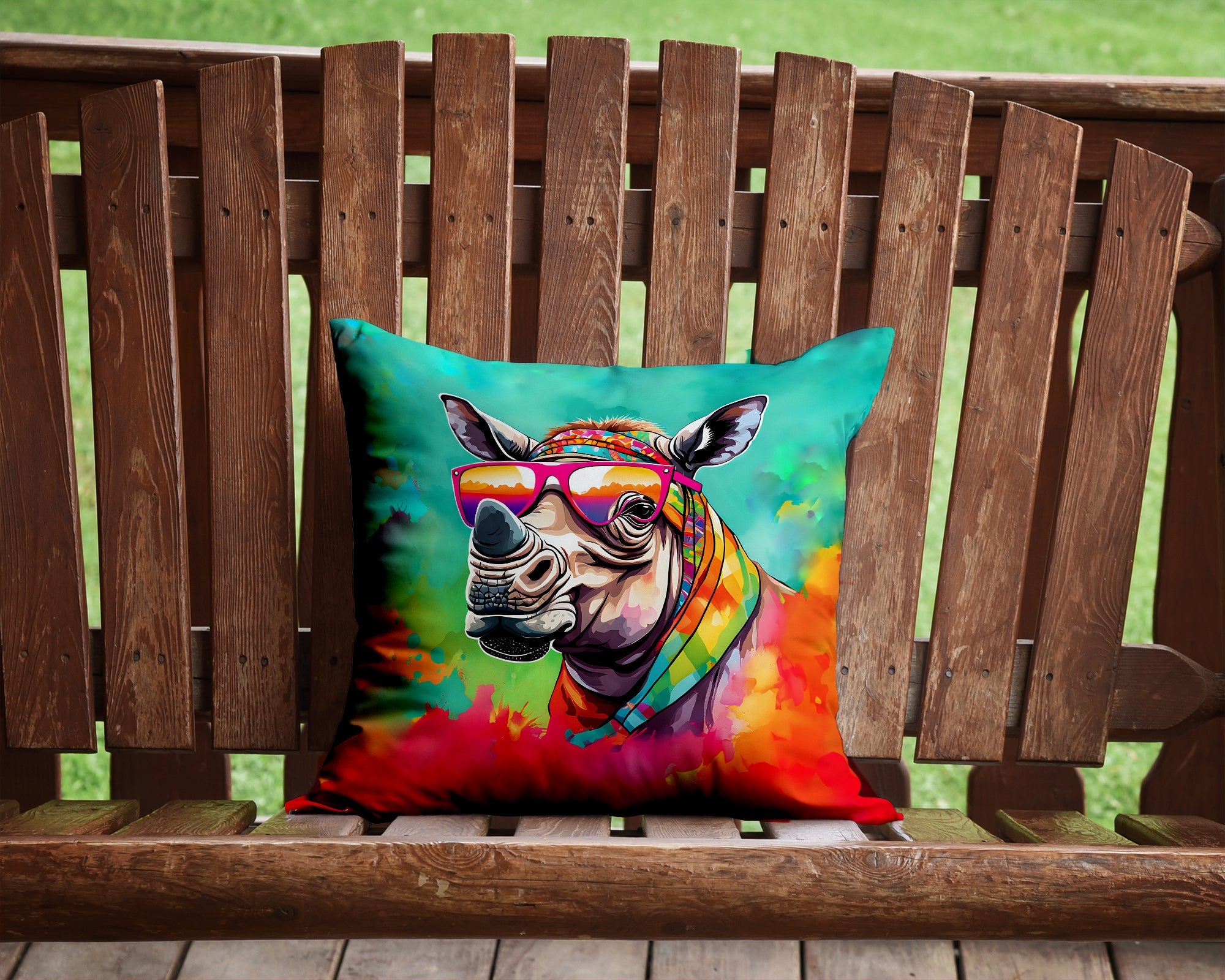 Hippie Animal Rhinoceros Decorative Throw Pillow 14x14 Indoor Outdoor Accent Cushion, Fabric Cover with Insert for Sofa, Bed, Porch & Living Room