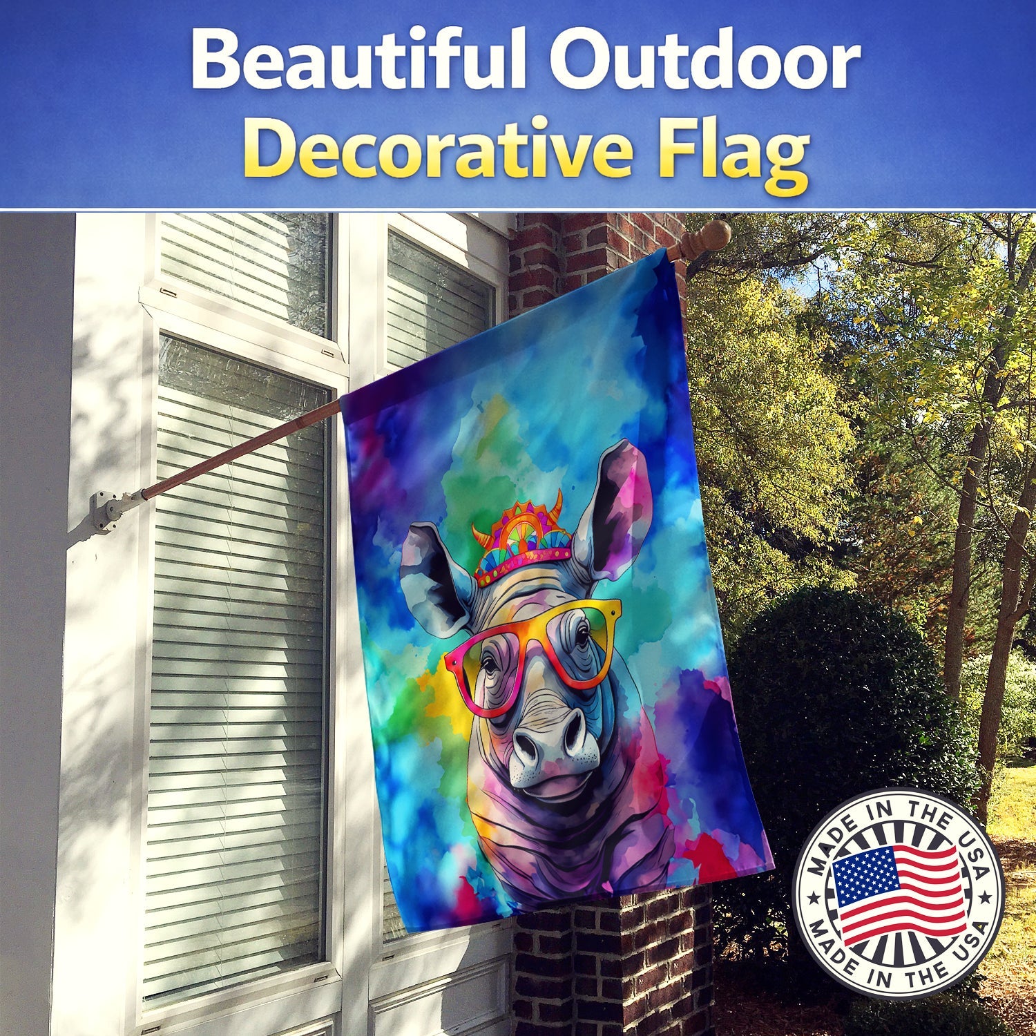 Hippie Animal Rhinoceros House Flag 28x40 Porch Sleeve Pole Decorative Outside Yard Banner Artwork Wall Hanging, Polyester