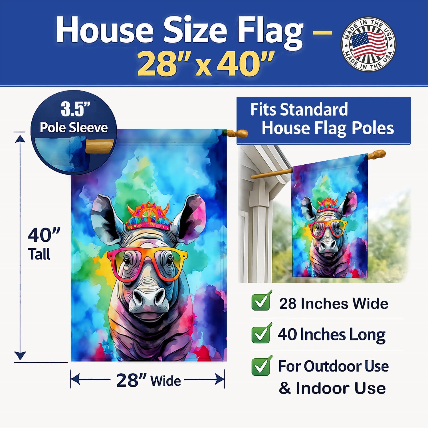 Hippie Animal Rhinoceros House Flag 28x40 Porch Sleeve Pole Decorative Outside Yard Banner Artwork Wall Hanging, Polyester
